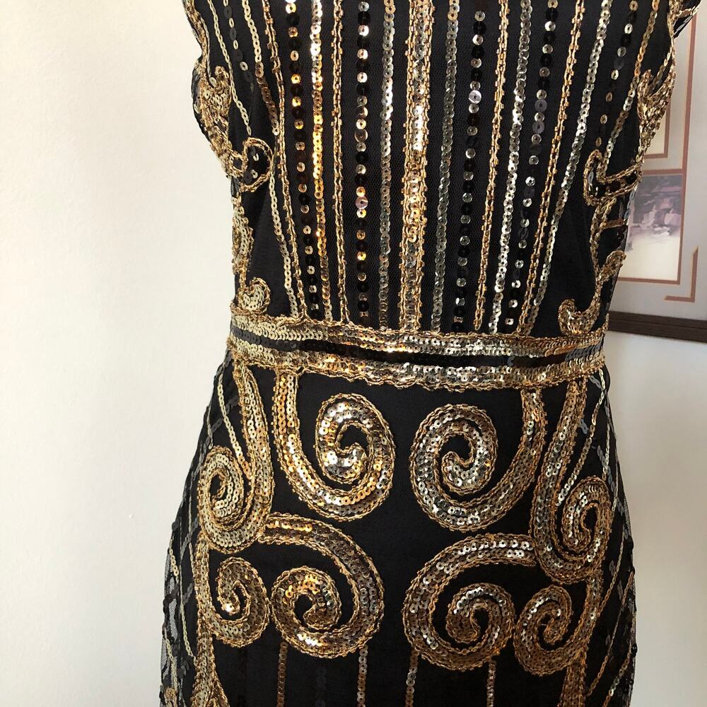 Black Gold Sequin Fringe Dress S Dance Party NYE Gatsby 1920 Flapper Costume NEW - Picture 4 of 12